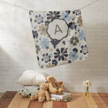 Floral Retro Blue Tan Flowers Pattern