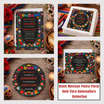 Black Mexican Fiesta Floral Gold Tiara Quinceañera