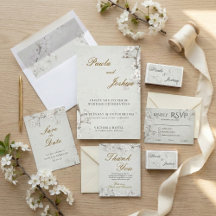 White Cherry Blossom & Gold Script Wedding Suite