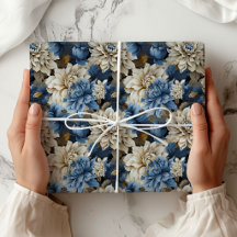 Navy Blue Ivory White Flowers 130N