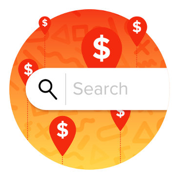 Illustration of a search bar with the word “Search,” surrounded by red location markers featuring dollar signs—representing rising ad costs in search.