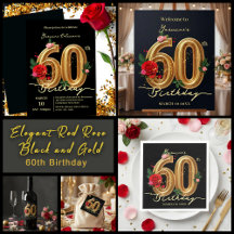 Elegant Red Rose Black and Gold 60th Birthday 