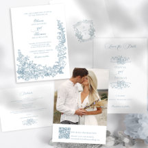 Romantic Dusty Blue Line Art Floral Wedding Suite