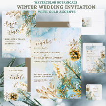 Watercolor Botanicals Winter Wedding Gold Accents 