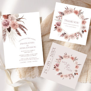 Invitation Boho Dusty rose Fleurs séchées Pampas Mariage en h