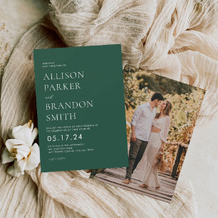 Invitation Tout En Un Code QR minimaliste Mariage Emerald Green