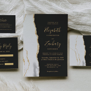 Cartons Réponse Moderne Gris Blanc Or Agate Mariage foncé