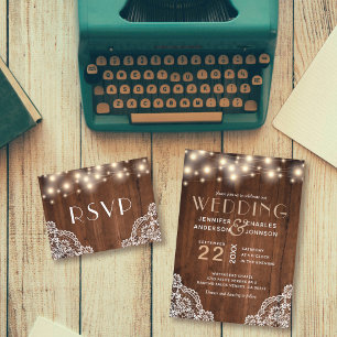 Invitation Mariage de dentelle en bois rustique