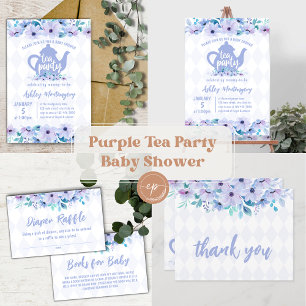 Invitation Magnétique Tea Party Purple Aquarelle Baby shower
