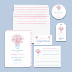 Sticker Rond Preppy Pale Blue Blush Chinoiserie Wedding shower