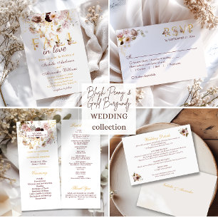 Carte D'accompagnement Blush Peony & Gold Burgundy Wedding RSVP QR Code