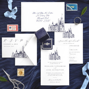 Invitation Elégant Château Vintage Illustration Simple Mariag