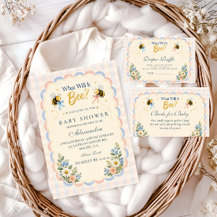 Invitation Gingham personnalisé Quelle sera-t-elle abeille