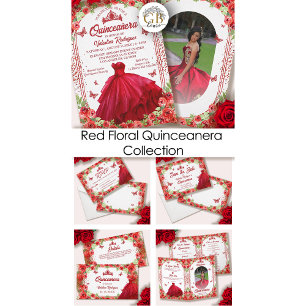 Cartons Réponse Quinceanera Florale Parties scintillant Rouge