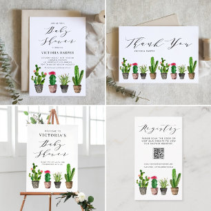 Invitation Boho Aquarelle Poted Cactus Baby shower d'été