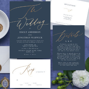 Invitation Gold Classic Marine Bleu Blanc Calligraphie Récept