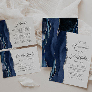 Save The Date Agate Navy Blue Silver Modern Script Mariage