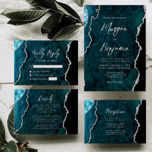 Invitation Mariage Moderne à l'encre argentée sur agate bleu 