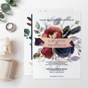 Invitation Elégant Boho Burgundy Navy Mauve Floral Mariage