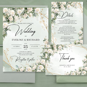 Carte De Remerciements Roses blanches de Bohême eucalyptus vert et or