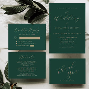 Invitation Mariage moderne Gold Script Dark Green