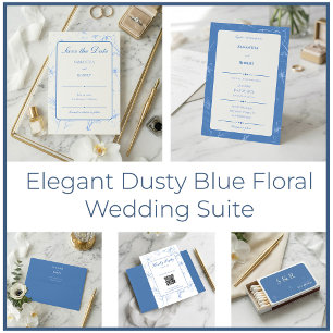 Save The Date Mariage Élégant à l'Art en Ligne Floral Bleu Pouss