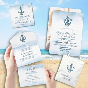 Sticker Rond Watercolor Beach Ancre Mariage nautique Favoriser
