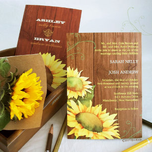 Invitation Aquarelle tournesols et Mariage de grains de bois