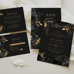Invitation Élégant Black Gold Floral Mariage foncé