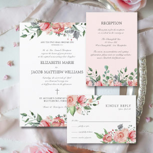 Invitation Elizabeth Elegant Fleurs Roses Mariage catholique