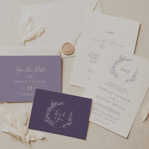 Invitation Feuille minimale   Dusty Purple Monogram Mariage