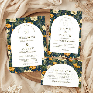 Carte De Remerciements Mariage Élégant avec Arche Florale Bleu Marine