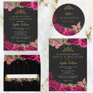 Budget Rose Roses Noir Quinceañera Invitation