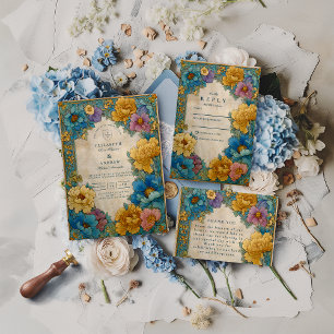 Cartons Réponse Mariage Botanique Or et Sarcelle