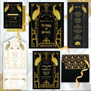 Art Déco Peacock Gold & Black Faire-part de mariag