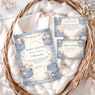 Invitation Fête de Bébé Pocket Friends en Jean Bleu Vintage
