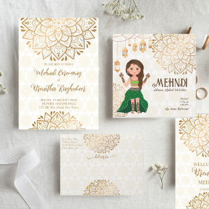 Mehndi budget invitation avec mignonne mariée indi