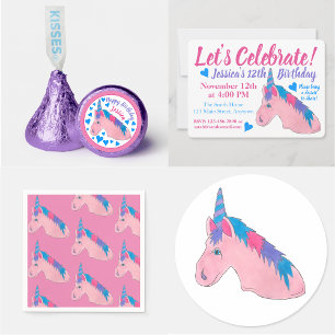 Invitation Fêtons la fête d'anniversaire rose violet Unicorne