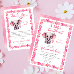 Carte De Remerciements Elephant Coeurs roses Baby shower fille