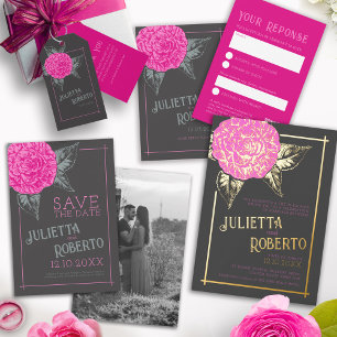 Invitation Camélia encrée mariage rose gris brun