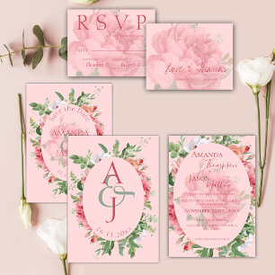 Invitation Tout En Un Élégant rose rose rose floral Monogramme Joli Mari
