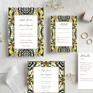 Invitation Mariage en carreaux de faïence vert jaune méditerr