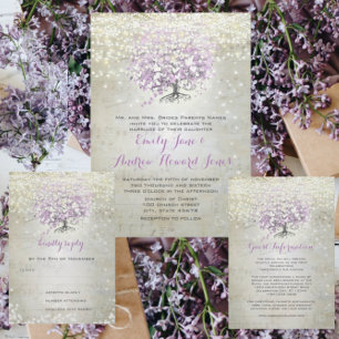 Invitation Feuille de coeur Purple Tree Mariage Vintage d'ois
