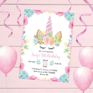 Invitation Unicorn Anniversaire fête aquarelle Floral Magie
