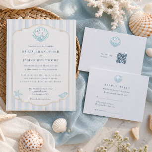Invitation Monogramme de coquillages de mer et rayures nautiq