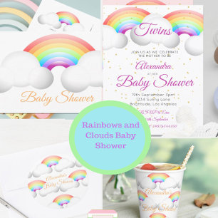 Invitation Twins Baby shower Arc-en-ciel Nuages colorés Spots