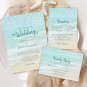 Carte D'accompagnement Beach Ocean String Lights Mariage Réception