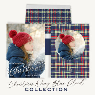 Cartes Pour Fêtes Annuelles Joyeux Noël Calligraphie Marine Bleu Rouge Plaid