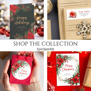 Sticker Rond Joyeux Noël Botanique Fête Rouge