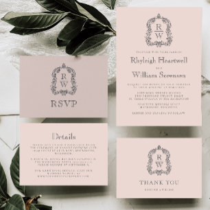 Invitation Script de couronne de monogramme rose pâle classiq